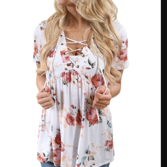 White Floral LaceUp V Neck Tunic - Picture 4 of 12